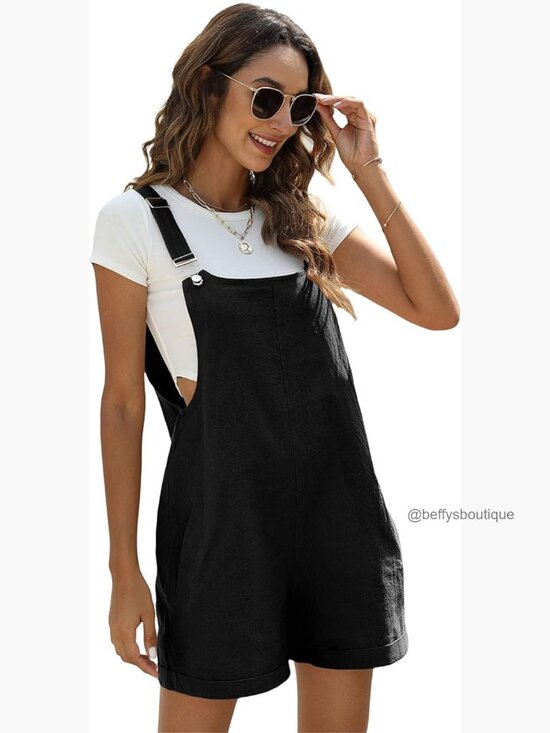 Pants - Linen Short Overalls, Casual Summer Romper with Pockets